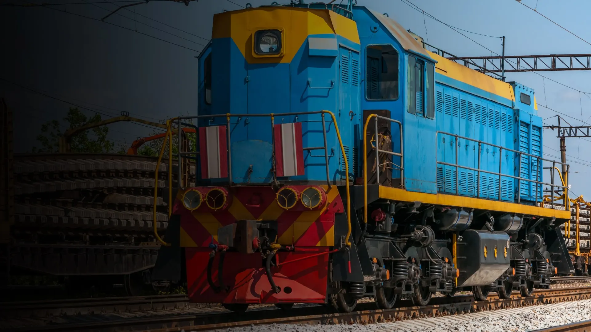 Diesel locomotive at a rail yard