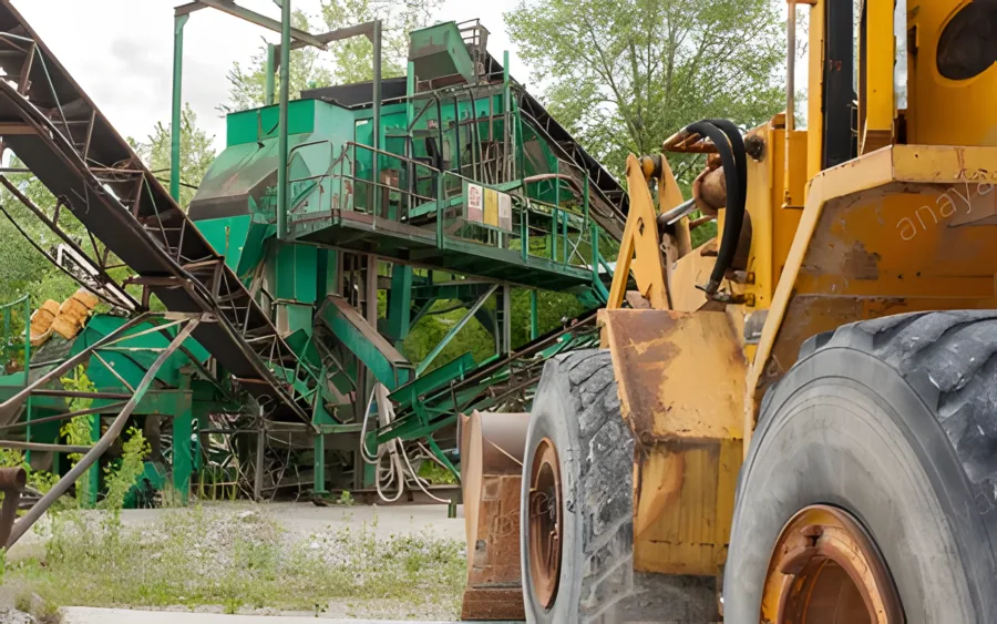 Wheel loader beside a green screening and conveyor plant