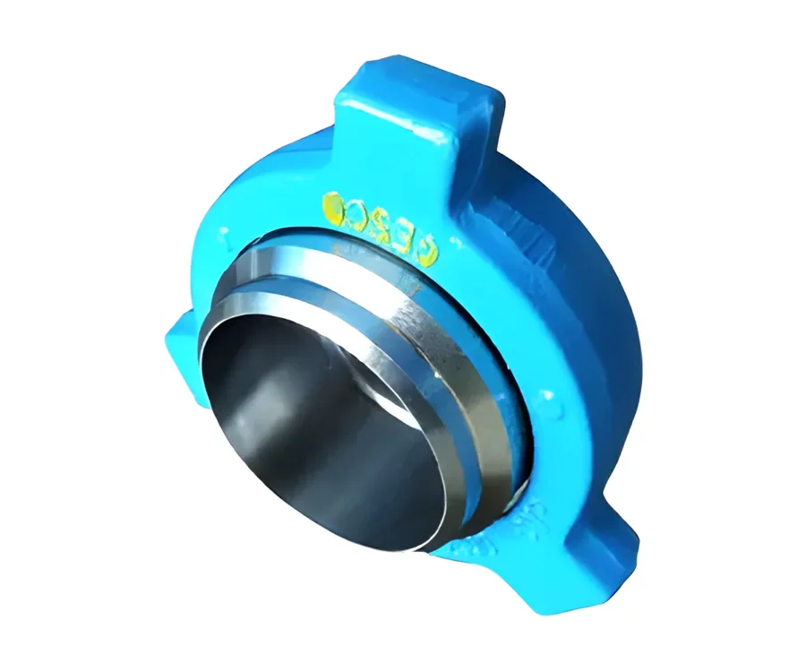 Blue-painted union coupling with machined steel seat