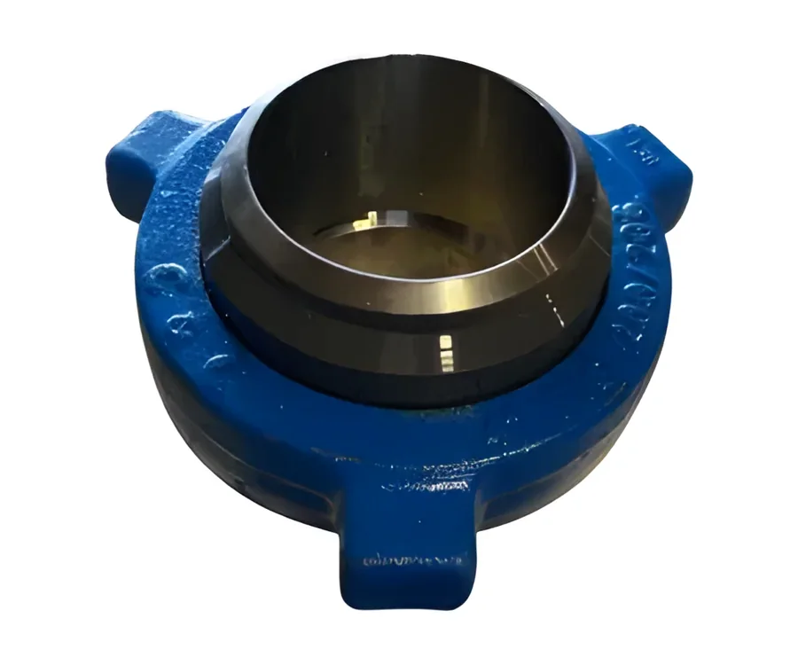 Blue-painted wing union component with machined bore
