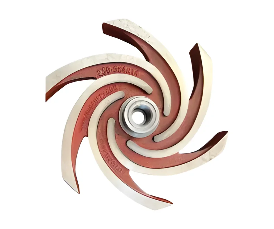 Red and white pump impeller with curved vanes