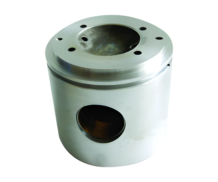 Machined piston body with a side opening