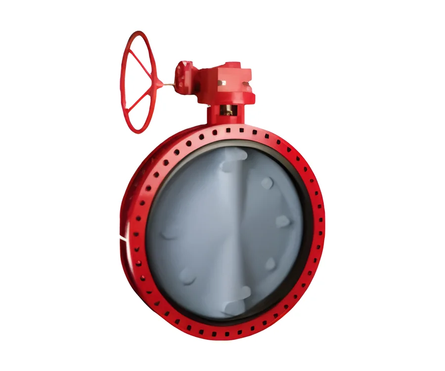 Red flanged butterfly valve with a gear operator
