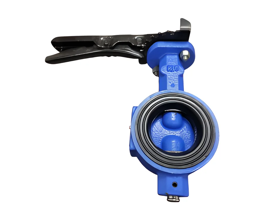 Blue wafer butterfly valve with a lever handle, side view
