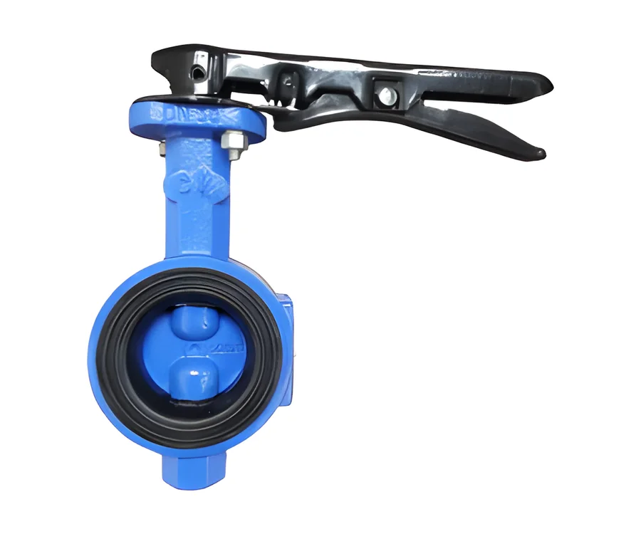 Blue wafer butterfly valve with a lever handle