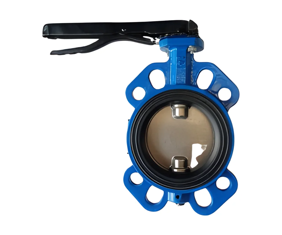 Blue lugged butterfly valve with a lever handle