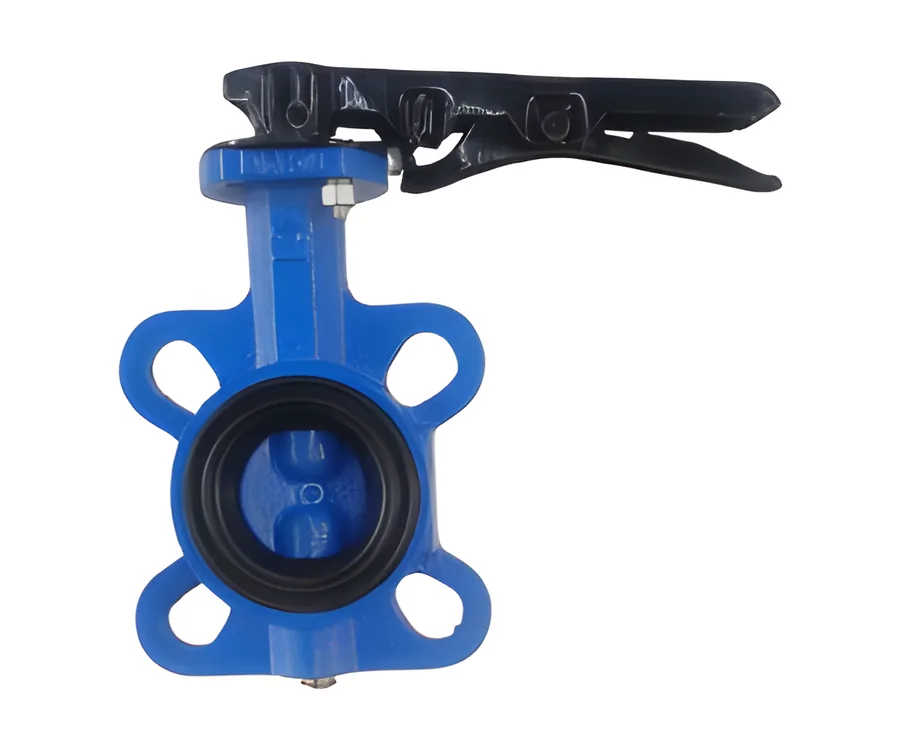 Blue butterfly valve with a lever handle, front view