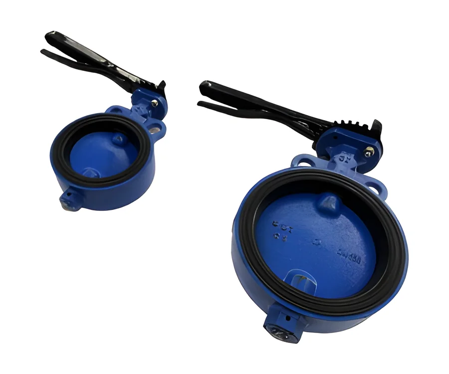 Two blue butterfly valves of different sizes